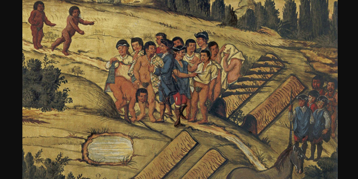 pintura com colonos vestindo nativos