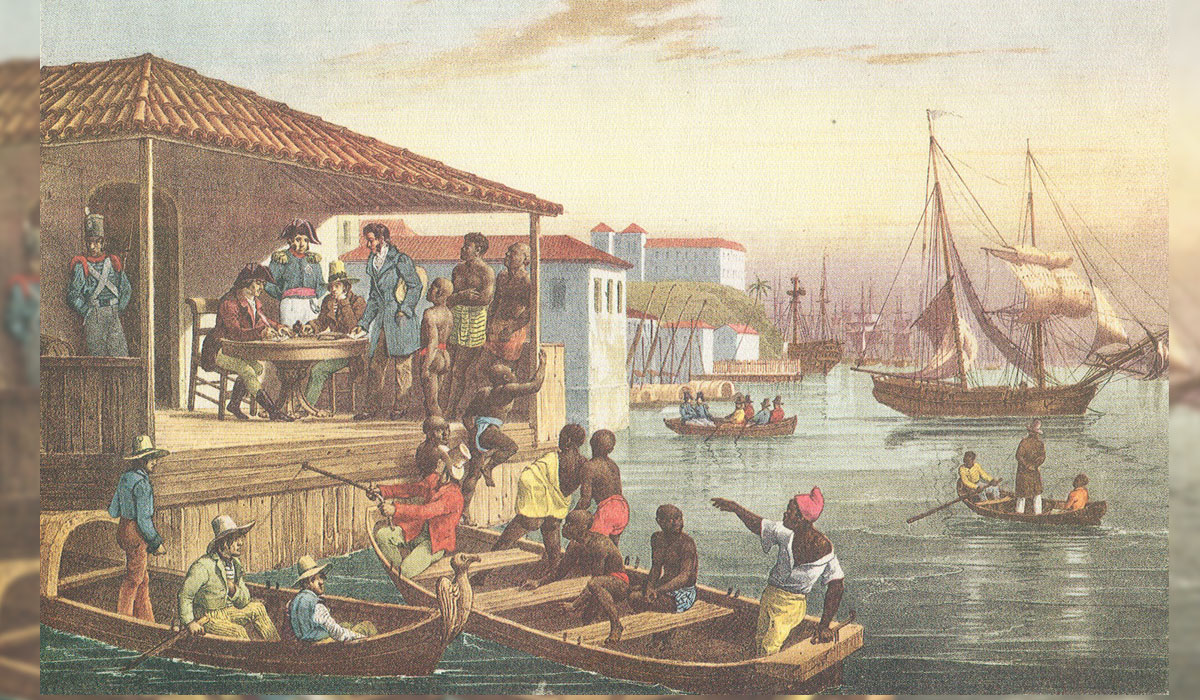 Pintura com colonos desembarcando africanos